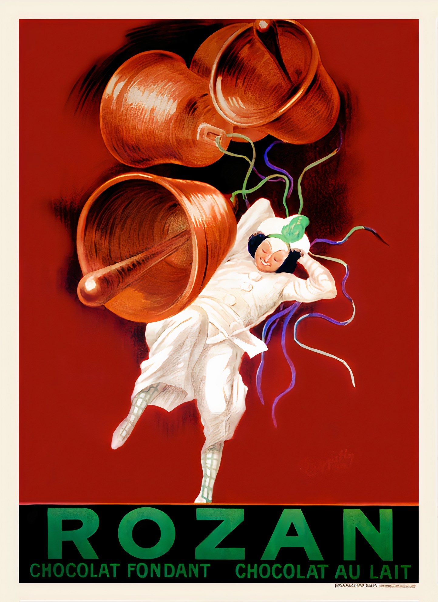 1920 Rozan chocolate poster showing Pierrot figure dancing beneath bronze bells, red background, Leonetto Cappiello