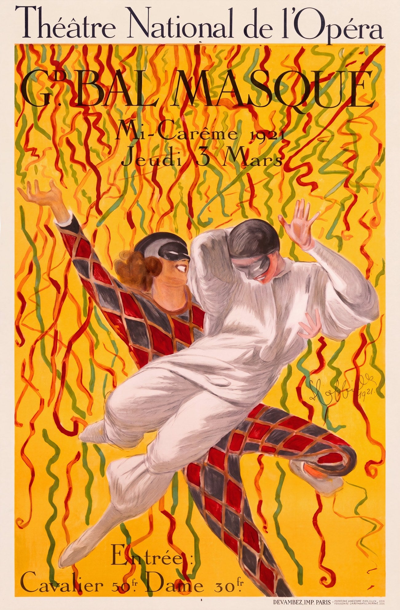 1921 Paris Opera Grand Bal Masqué poster, Harlequin and Pierrot dancers on yellow, Cappiello | The Vintage Poster Archives