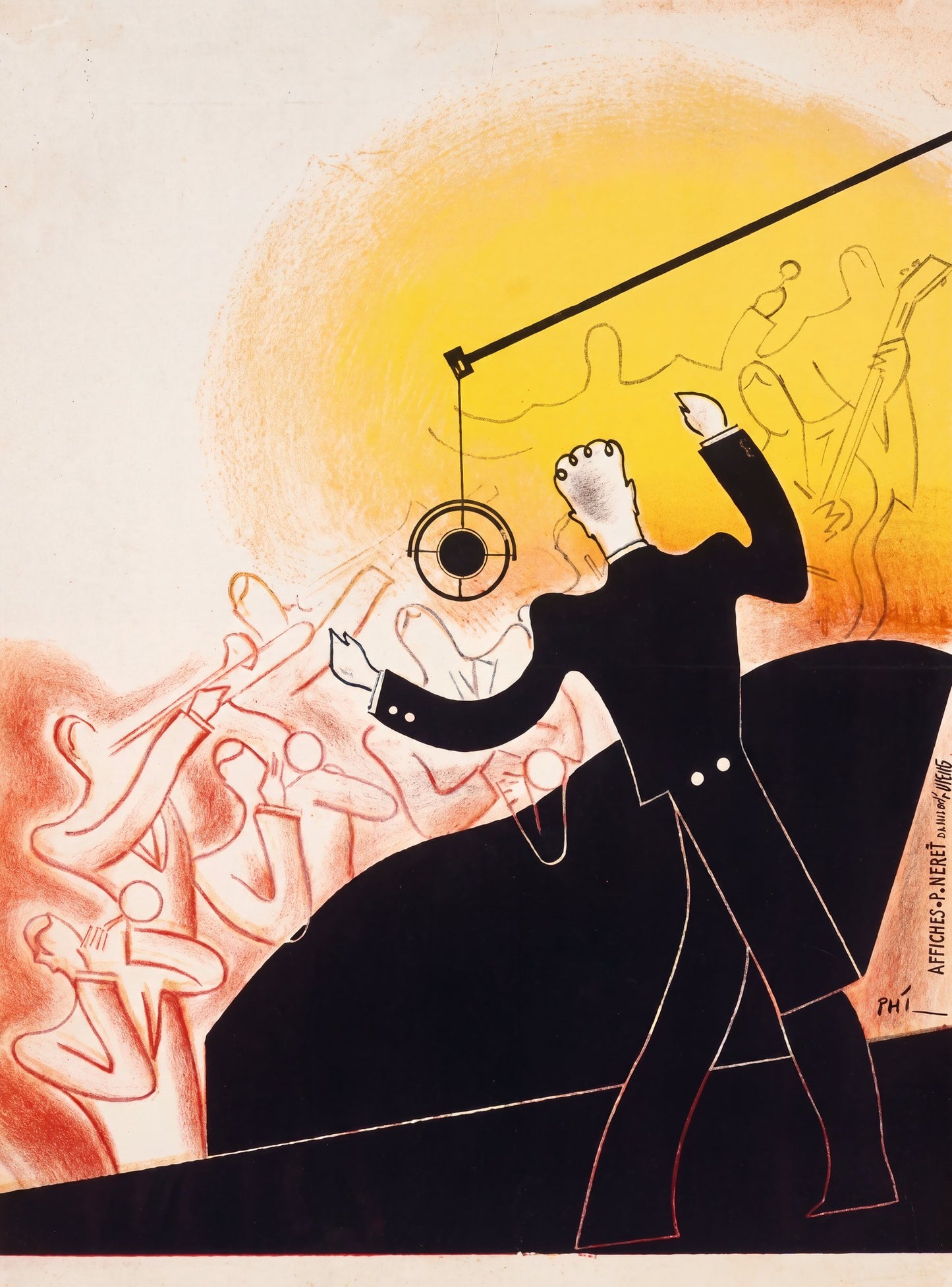 1930s French jazz poster: black conductor silhouette, raised baton, yellow radial burst, ghost orchestra outlines, PHI | The Vintage Poster Archives