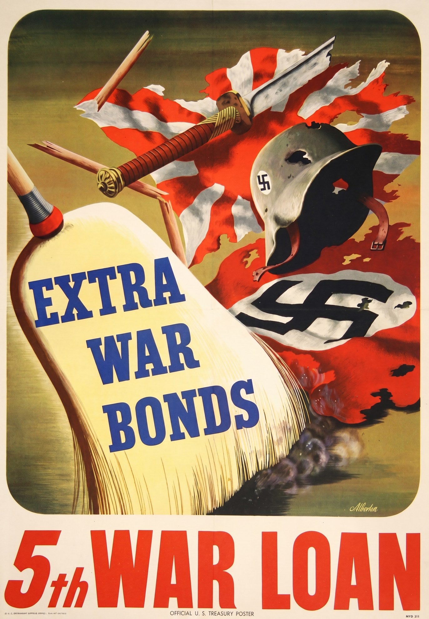 1944 US propaganda poster showing broom labeled Extra War Bonds sweeping Nazi helmet and flag, John Carlton Atherton