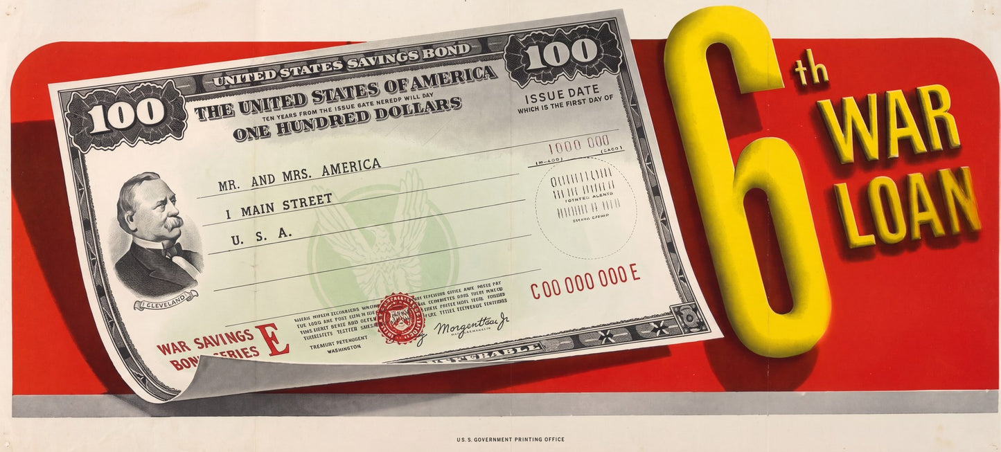 1944 6th War Loan poster showing Series E savings bond, red background, Grover Cleveland portrait, US Treasury | Vintage Poster Archives