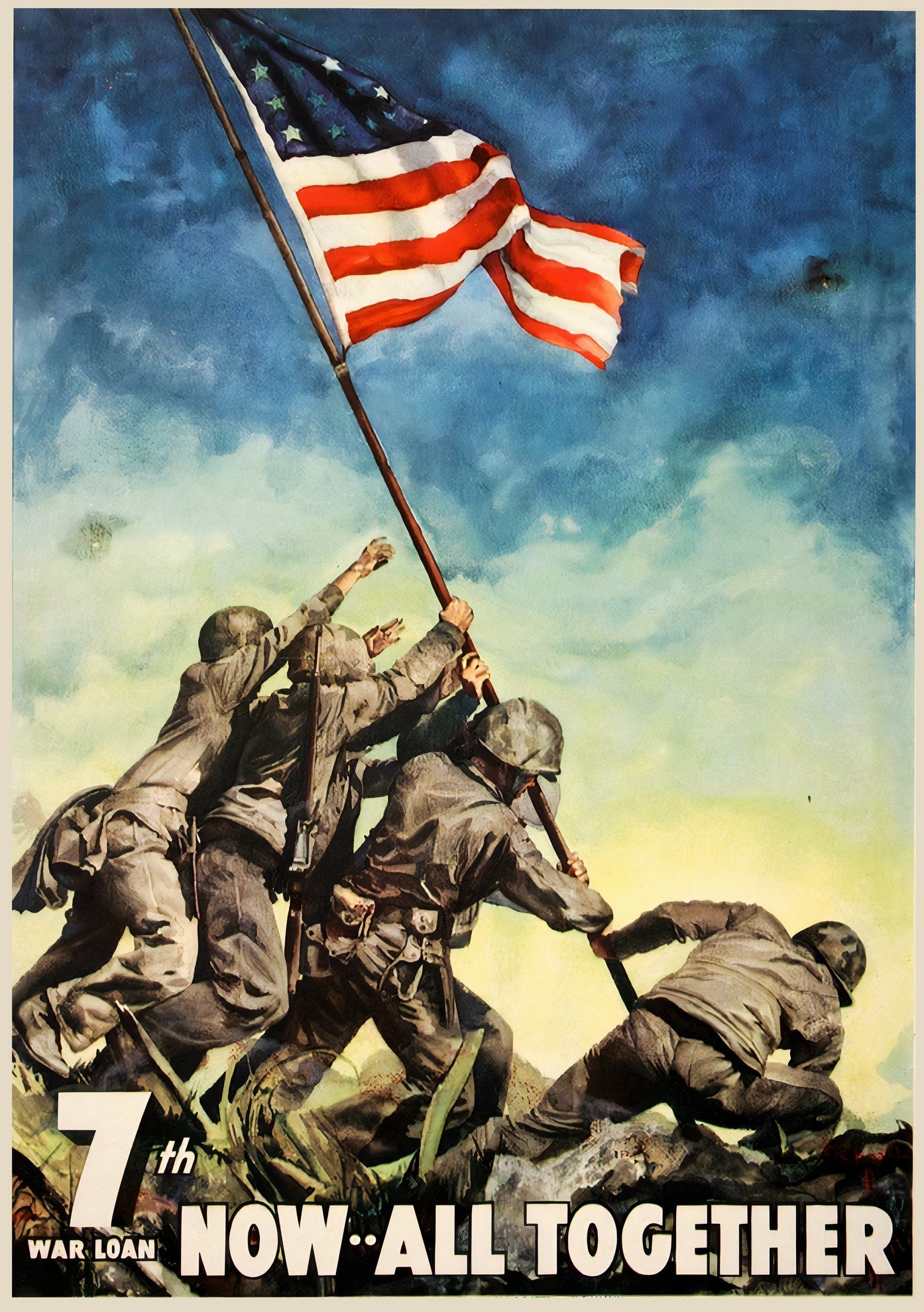 1945 7th War Loan WW2 propaganda poster showing Iwo Jima flag raising by Marines, Cecil Beall