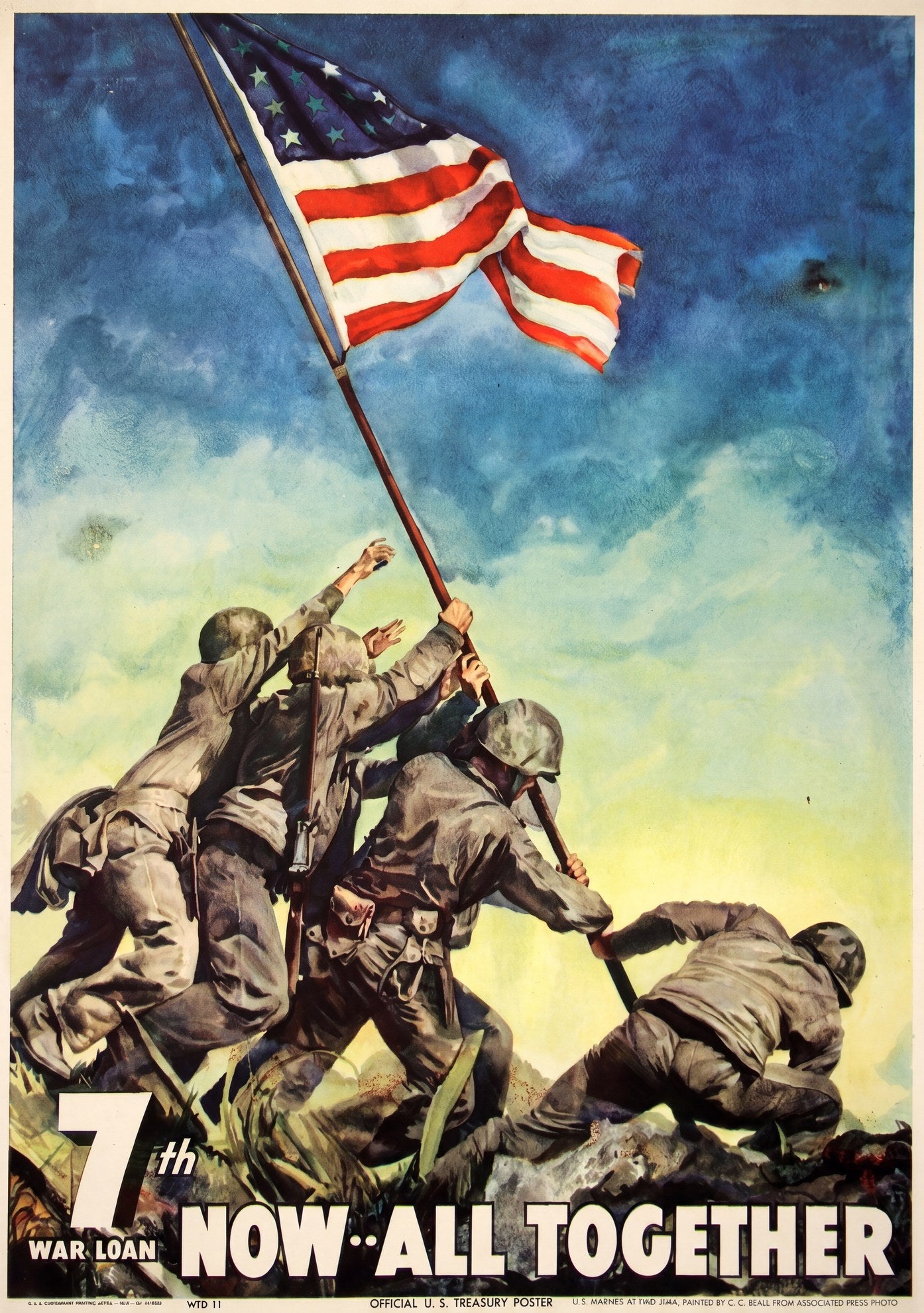 1945 WW2 poster showing US Marines raising American flag at Iwo Jima, blue gradient sky, Cecil Calvert Beall