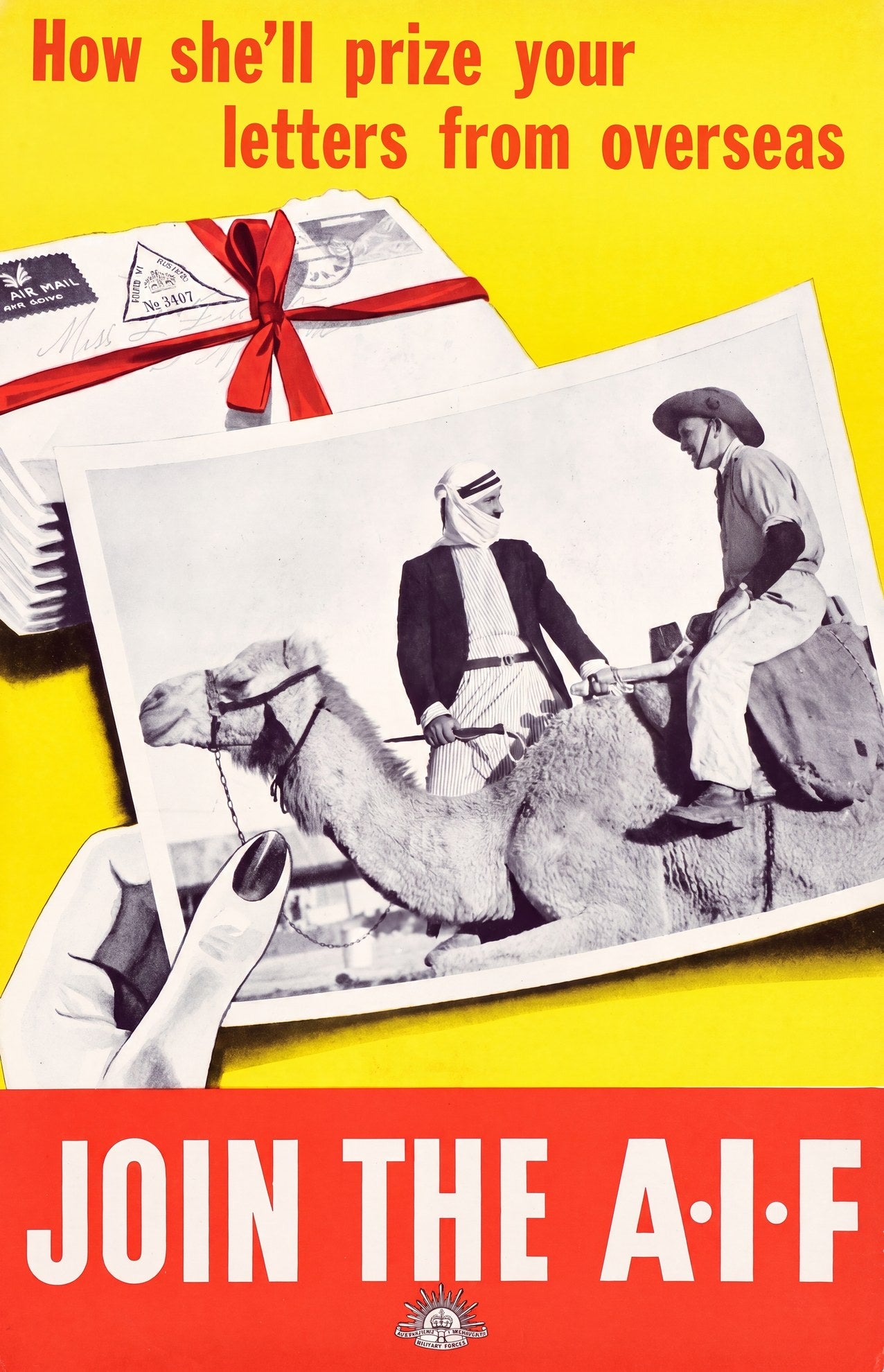 1941 AIF recruitment poster showing woman's hand holding soldier photograph, yellow background, red lettering