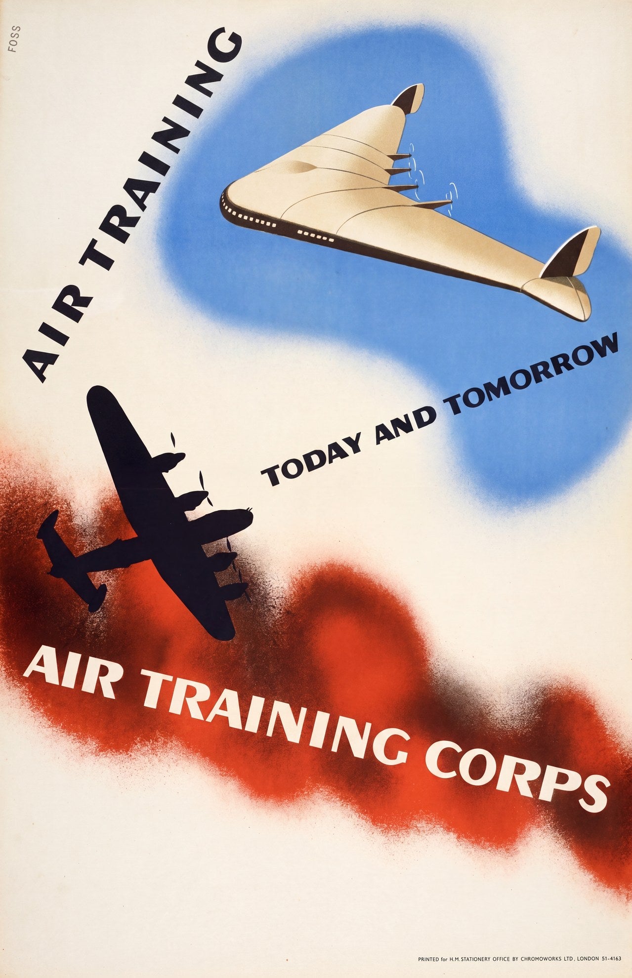 1940s RAF Air Training Corps poster showing bomber aircraft silhouette against red background, futuristic plane above, Jonathan Foss