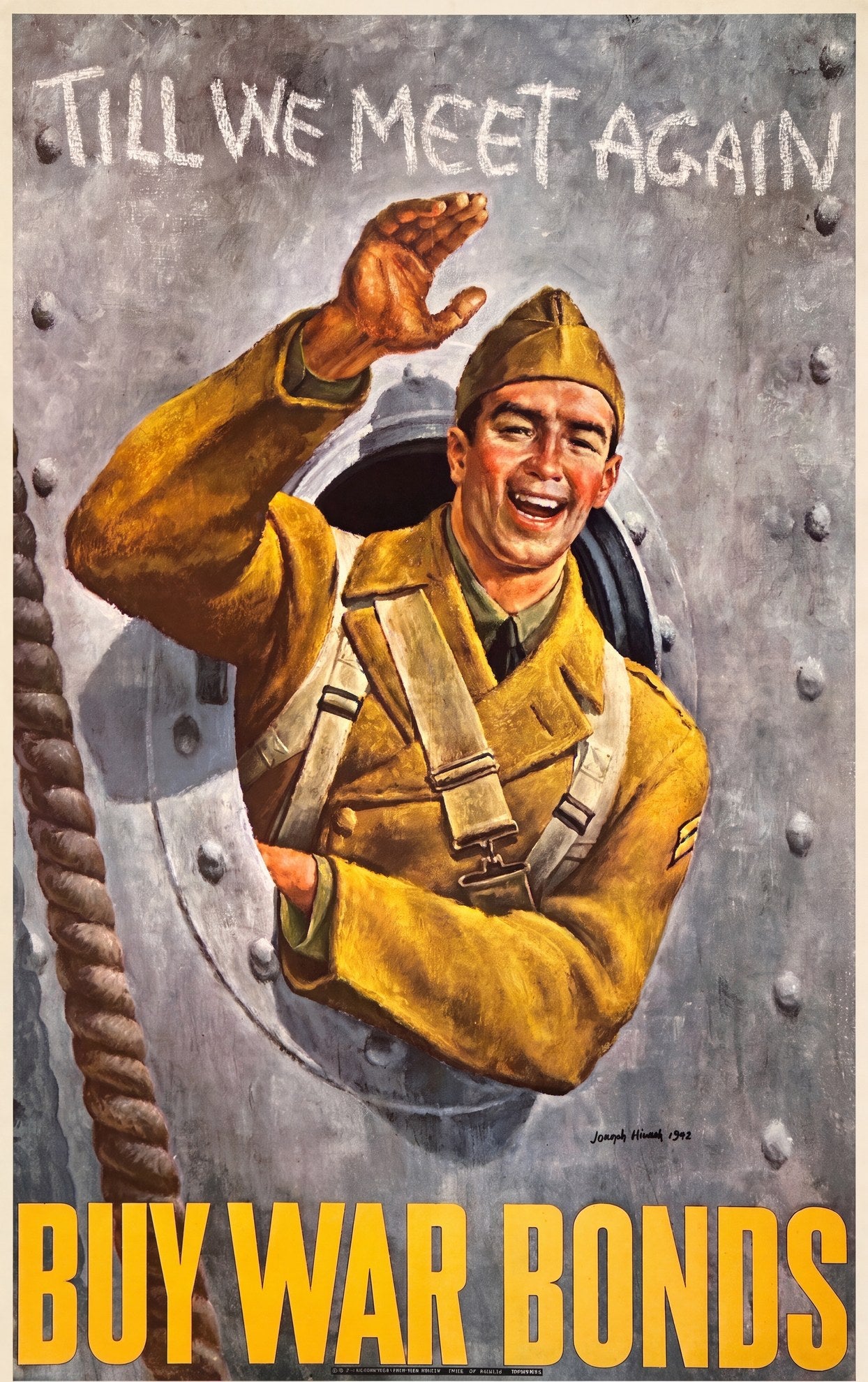 1942 American war bond poster showing soldier waving from ship porthole, yellow and grey palette, Joseph Hirsch