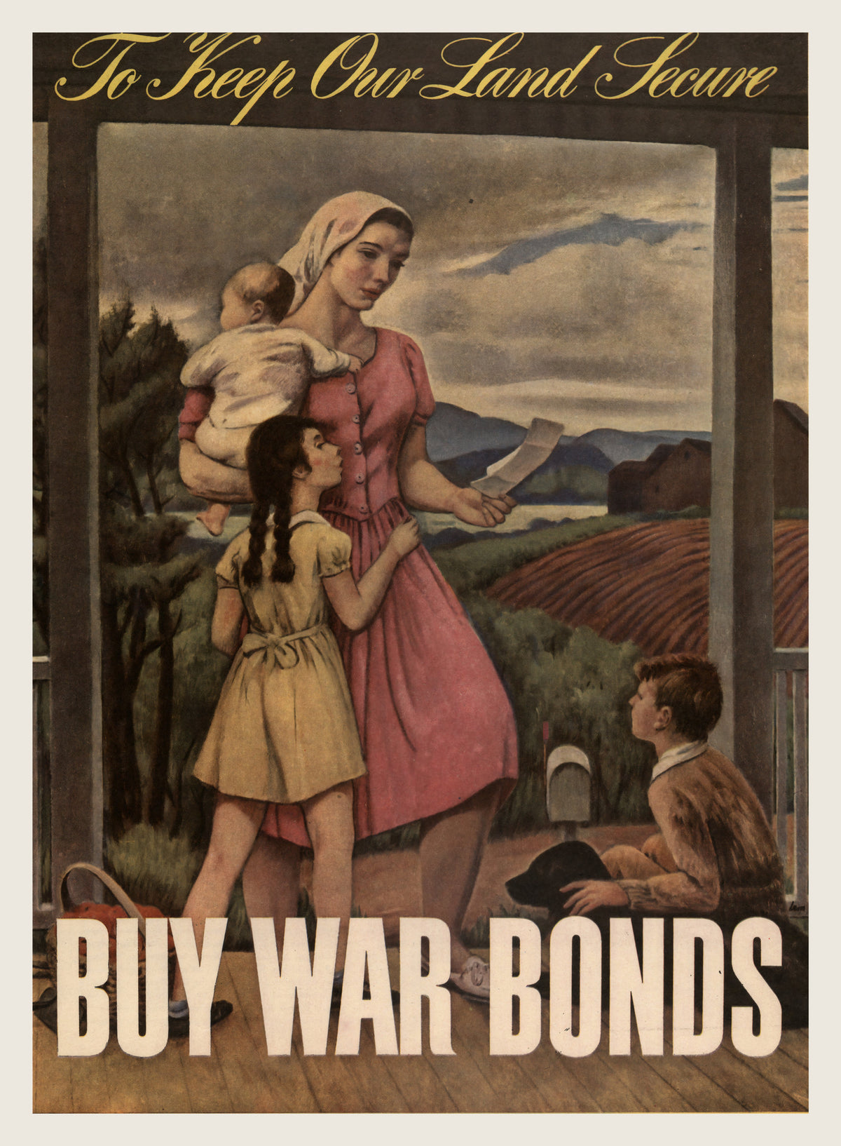 1943 WW2 home-front poster: mother with infant and children on farm porch reading letter, Leon Kroll | Vintage Poster Archives