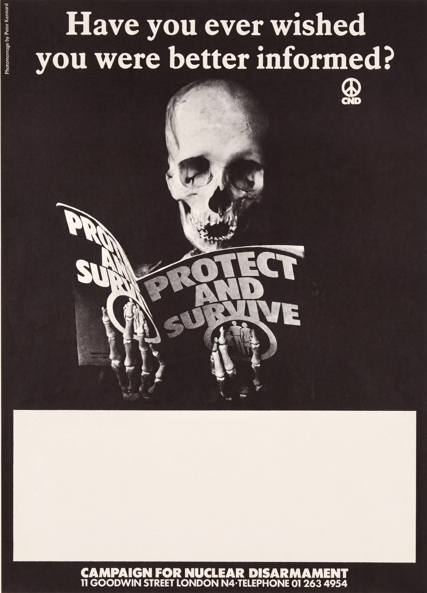 1980 CND poster showing skeleton reading Protect and Survive leaflet, black and white photomontage, Peter Kennard