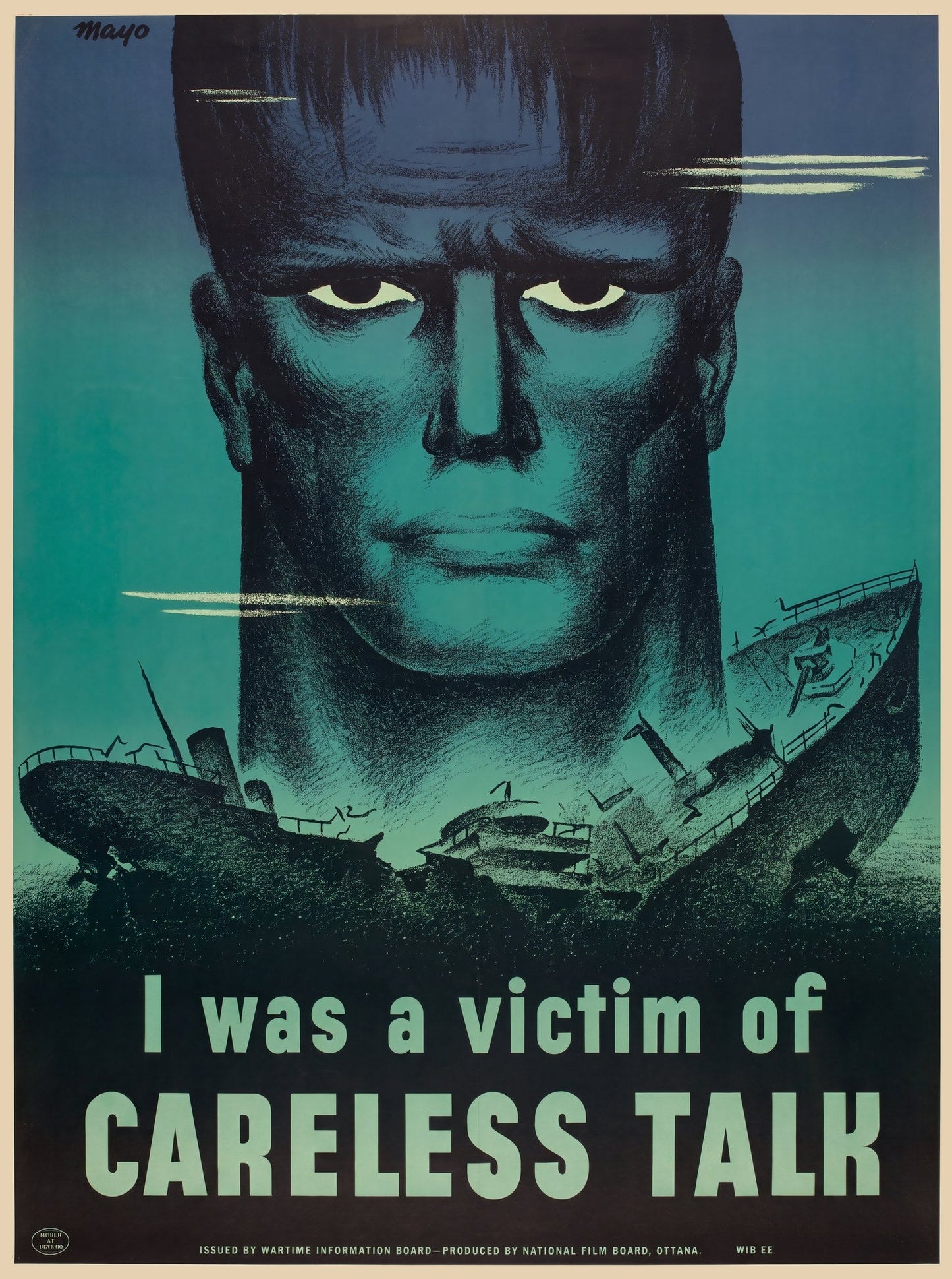 1943 Canadian maritime WW2 propaganda poster warning of careless talk victims, Mayo design