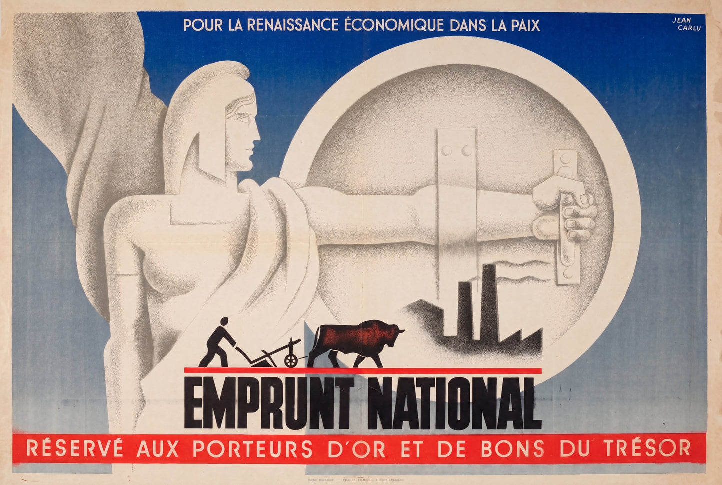 1930 French propaganda poster by Jean Carlu showing Marianne figure, farmer, and factory, cobalt blue ground | The Vintage Poster Archives