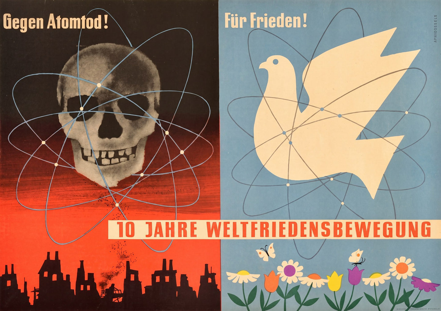 1959 German peace poster showing atomic death versus peace, skull with orbital rings left, dove with atomic symbol right