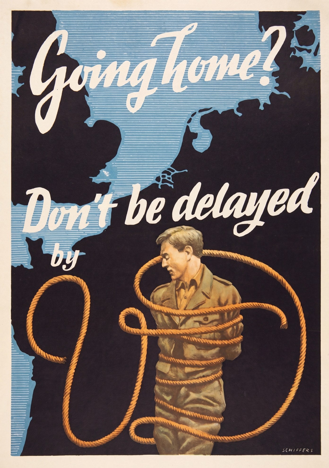1946 Allied propaganda poster showing US soldier tied with rope over European map, Schiffers health warning design