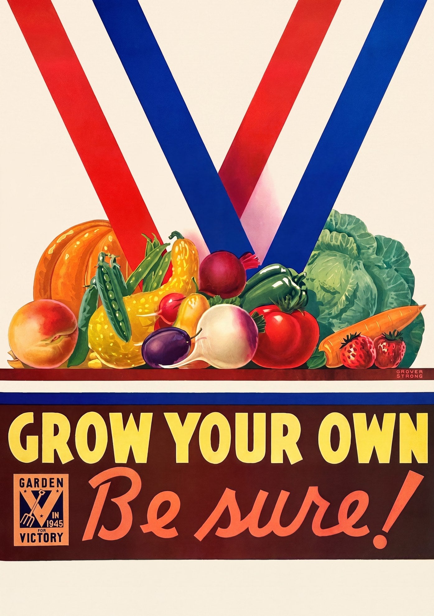 1945 victory garden propaganda poster showing harvest vegetables below red white blue stripes, Grover Strong | The Vintage Poster Archives