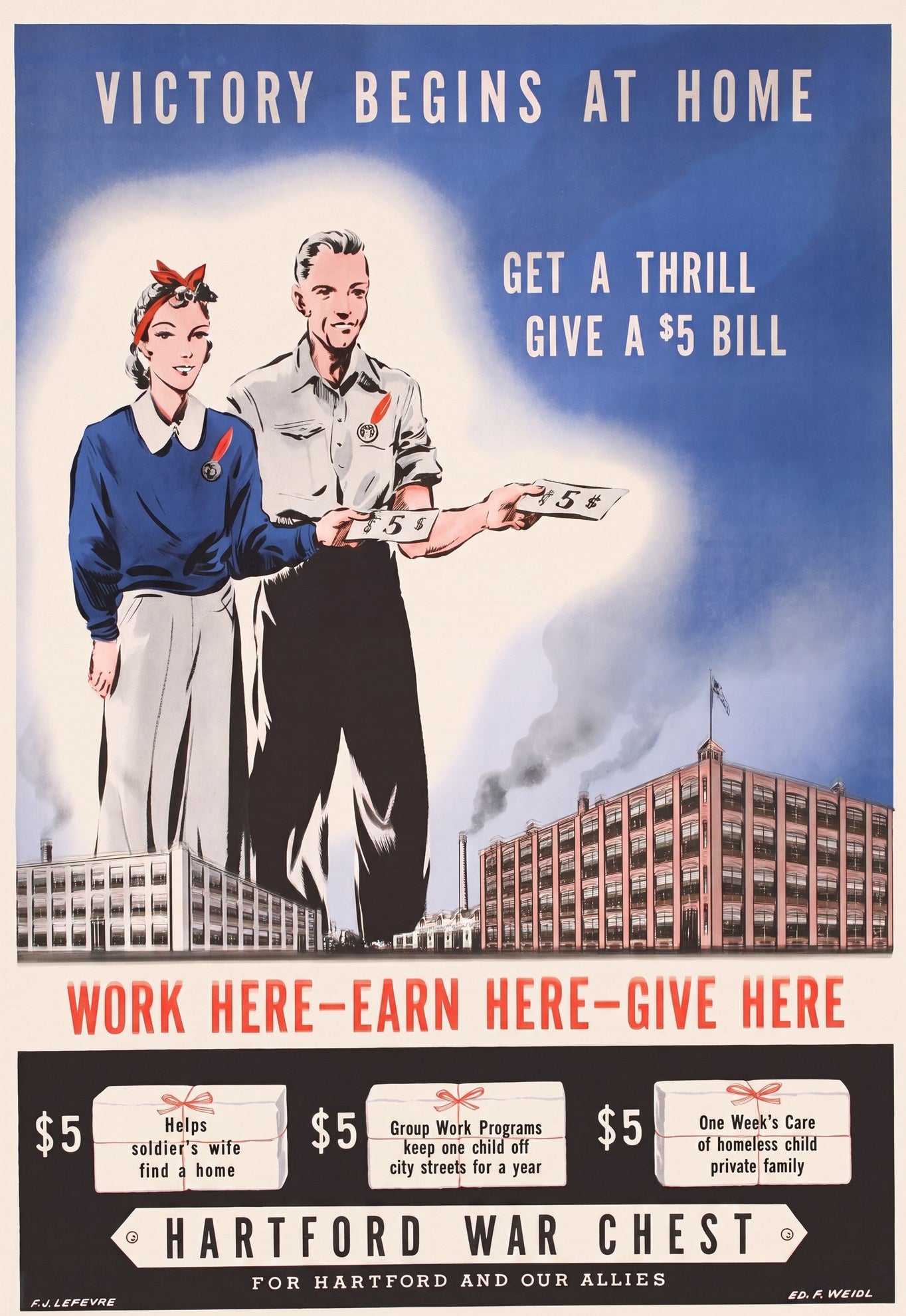 1943 Hartford War Chest poster showing man and woman holding five-dollar bills, blue sky, red typography, F.J. Lefevre