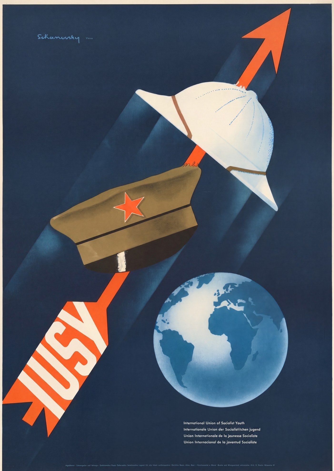 1950s IUSY socialist youth poster showing rocket piercing military caps with Earth globe, Schanovsky design