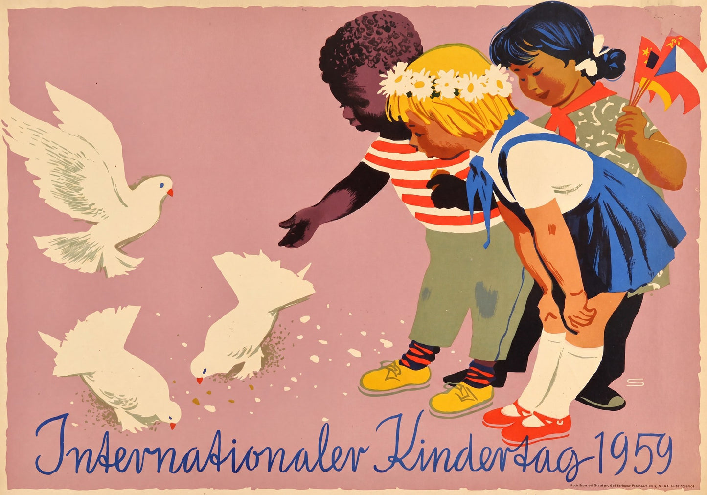 1959 East German propaganda poster showing three children feeding white doves, pink background, Internationaler Kindertag
