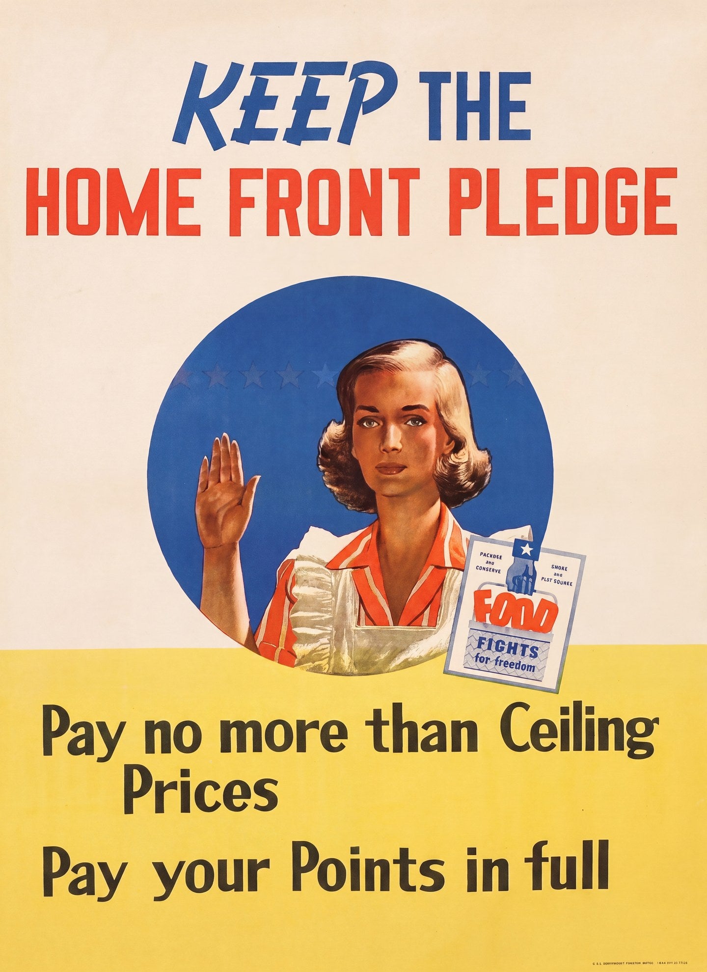 1943 Home Front Pledge poster showing woman taking oath, blue and red text, Frederick G Cooper design | The Vintage Poster Archives