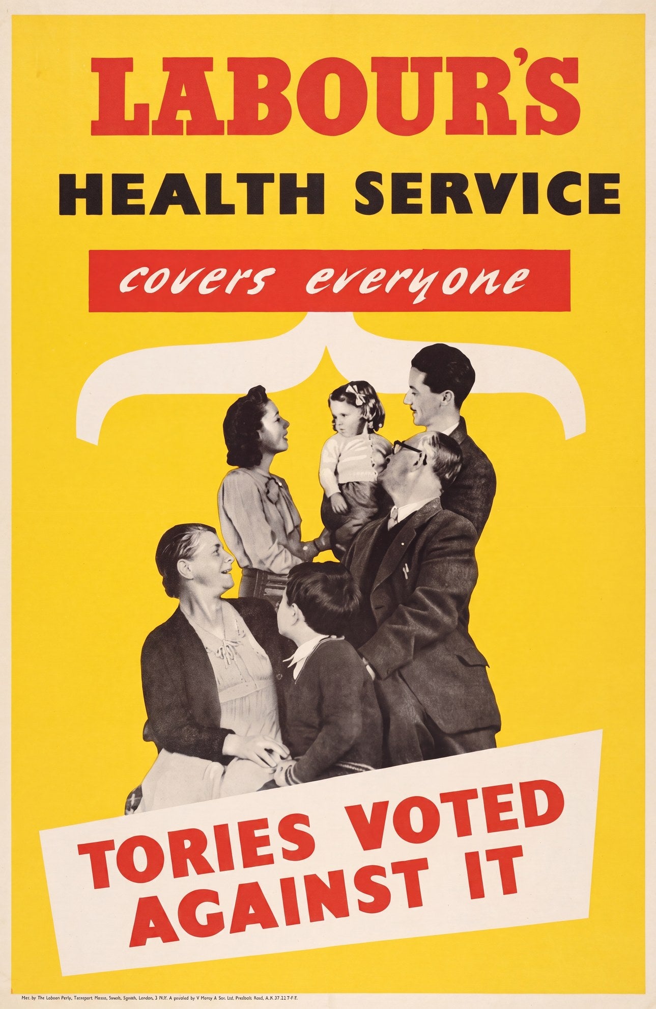 1948 Labour Party political poster showing family group under protective arc, yellow background, NHS health service message