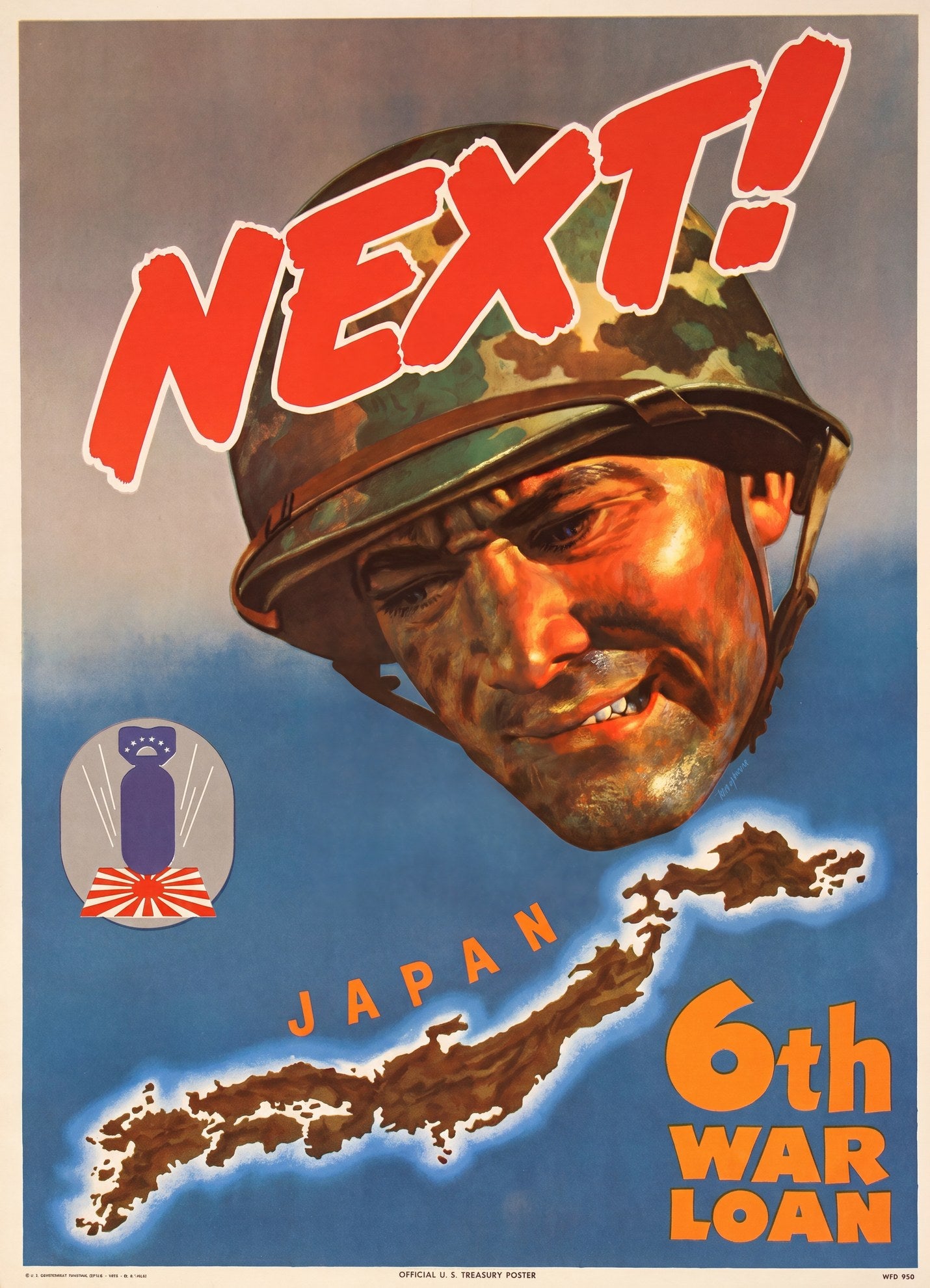 1944 US war propaganda poster showing helmeted Marine soldier grimacing at Japan map, red NEXT text, James Bingham