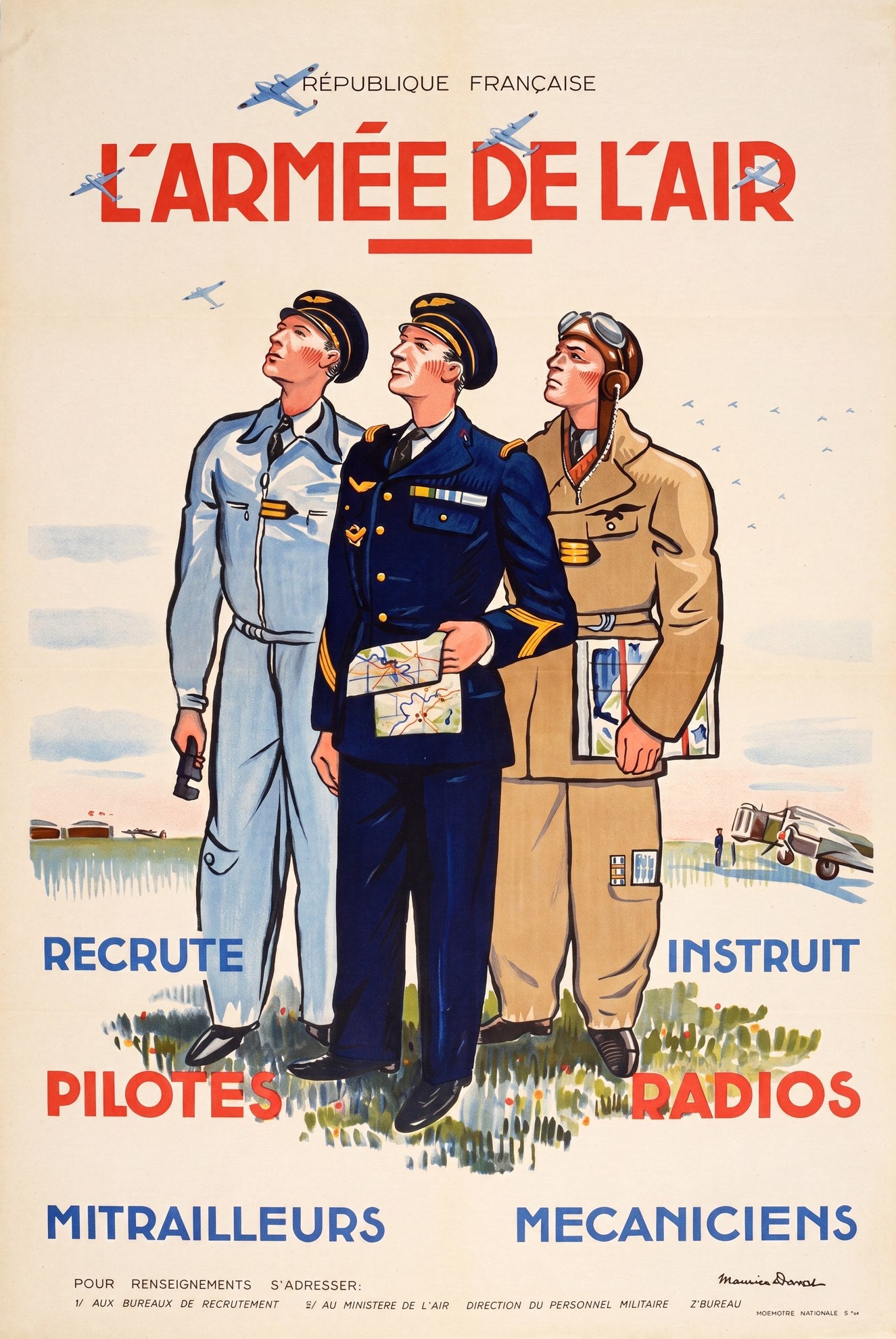 1939 French Air Force recruitment poster showing three airmen in uniforms looking skyward, red and blue text, Maurice Svarc