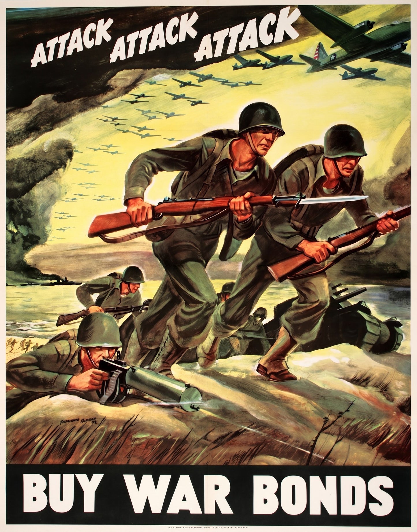 1942 WW2 propaganda poster showing soldiers charging with bayoneted rifles under aircraft, khaki and yellow palette, Ferdinand Warren