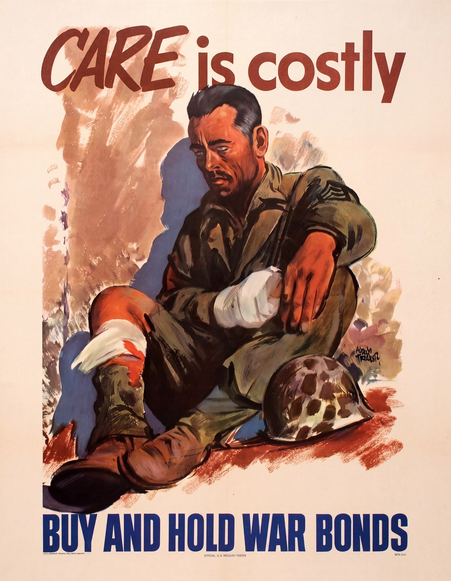 1945 war bonds poster showing wounded American soldier with bandages, olive uniform, Adolph Treidler