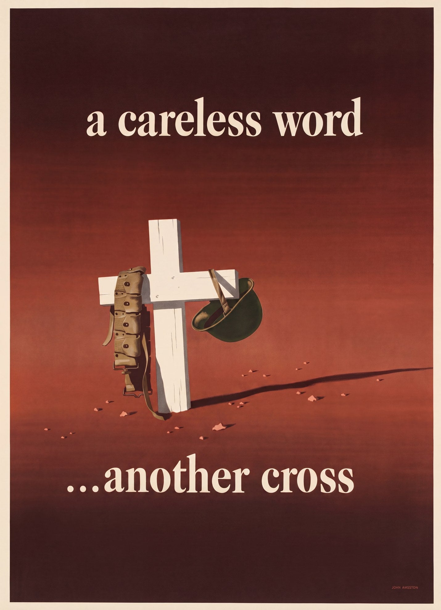 1943 WW2 propaganda poster showing white cross grave marker with helmet and ammunition belt, deep red background, John Atherton