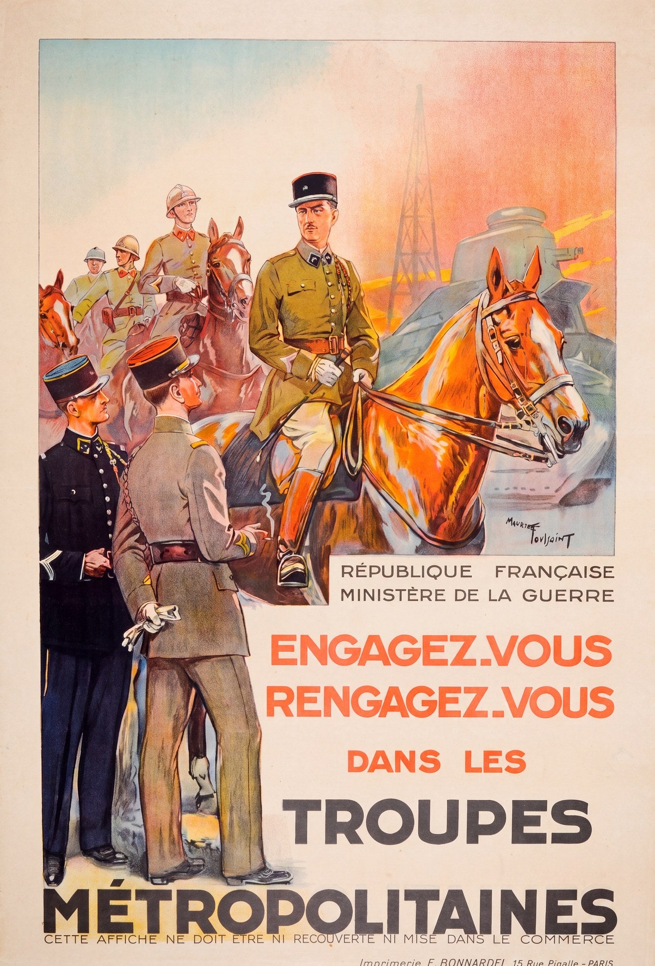 1930s French military recruitment poster showing cavalry officer on horse, multiple uniformed soldiers, Maurice Toussaint