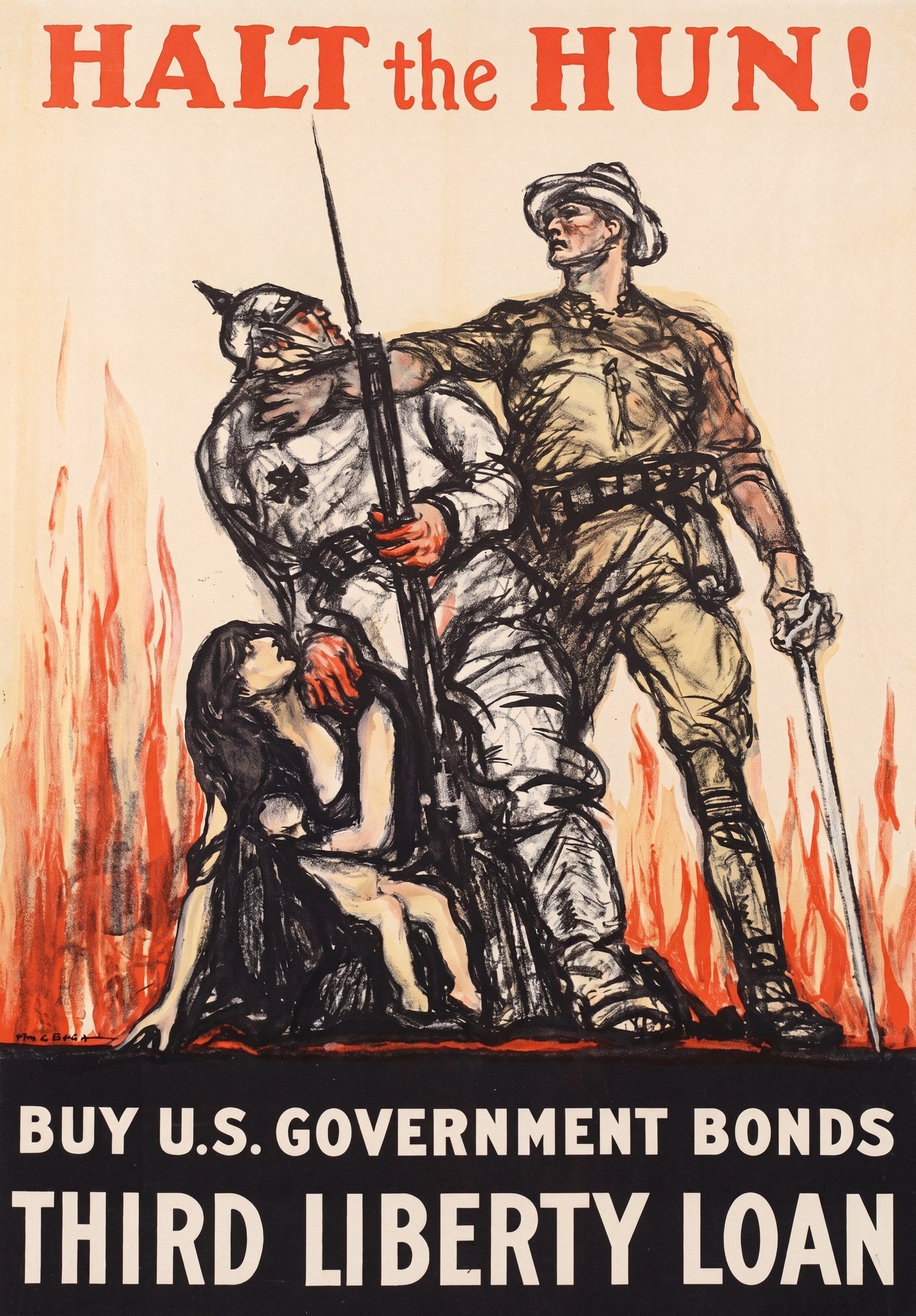 1918 WWI propaganda poster showing American soldier blocking German soldier from woman with child, red flames background, Henry Raleigh
