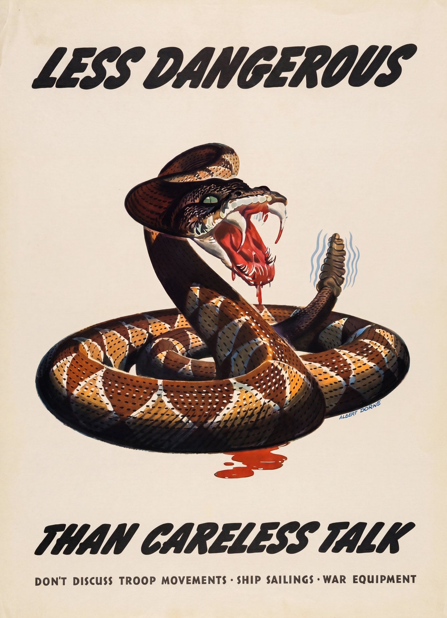 1944 WW2 propaganda poster: coiled rattlesnake, jaws open, blood dripping, cream ground, Albert Dorne | The Vintage Poster Archives