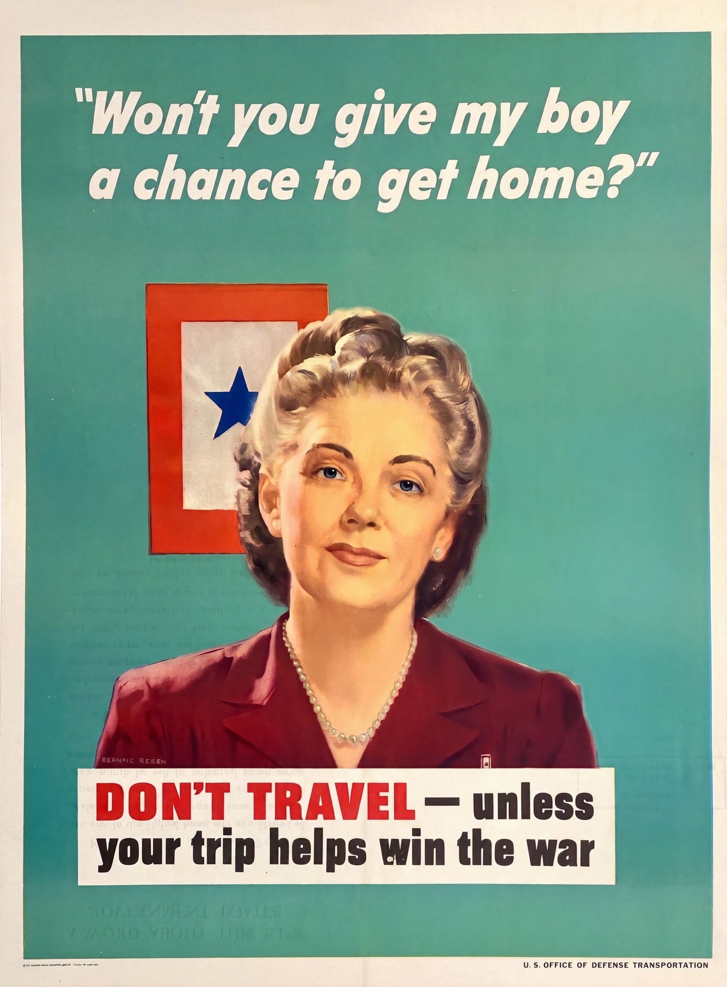 1944 WW2 home-front propaganda poster showing woman before a blue-star Service Flag, crimson and teal, Jerome Rozen | The Vintage Poster Archives
