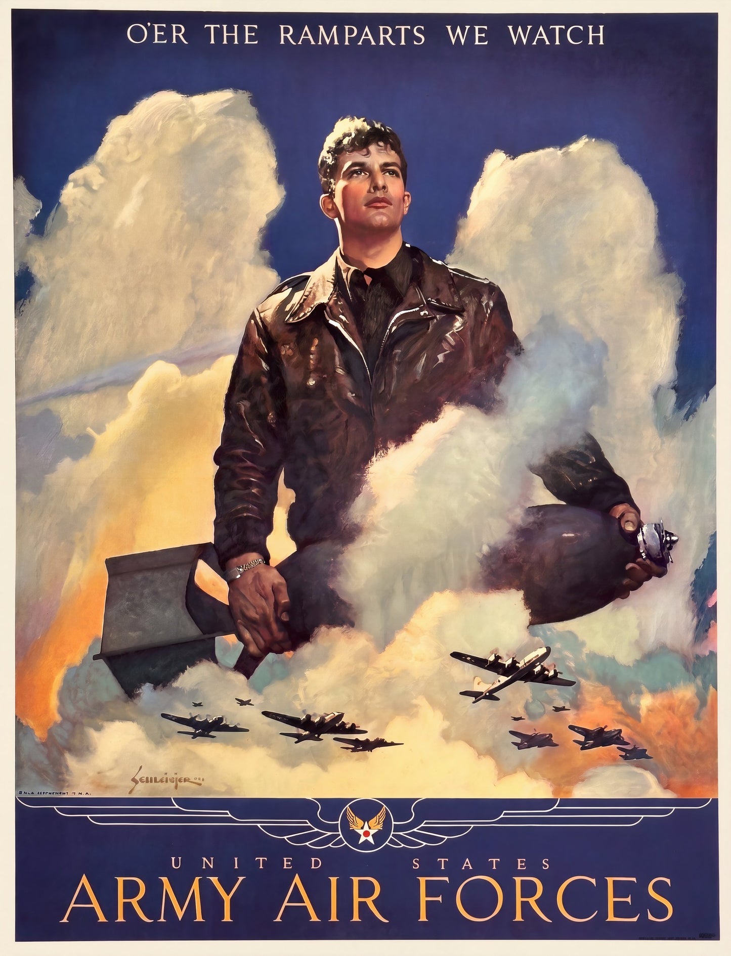 1944 USAAF WW2 recruitment poster, aviator in leather jacket holding bomb above bomber formation, Schlaikjer | The Vintage Poster Archives