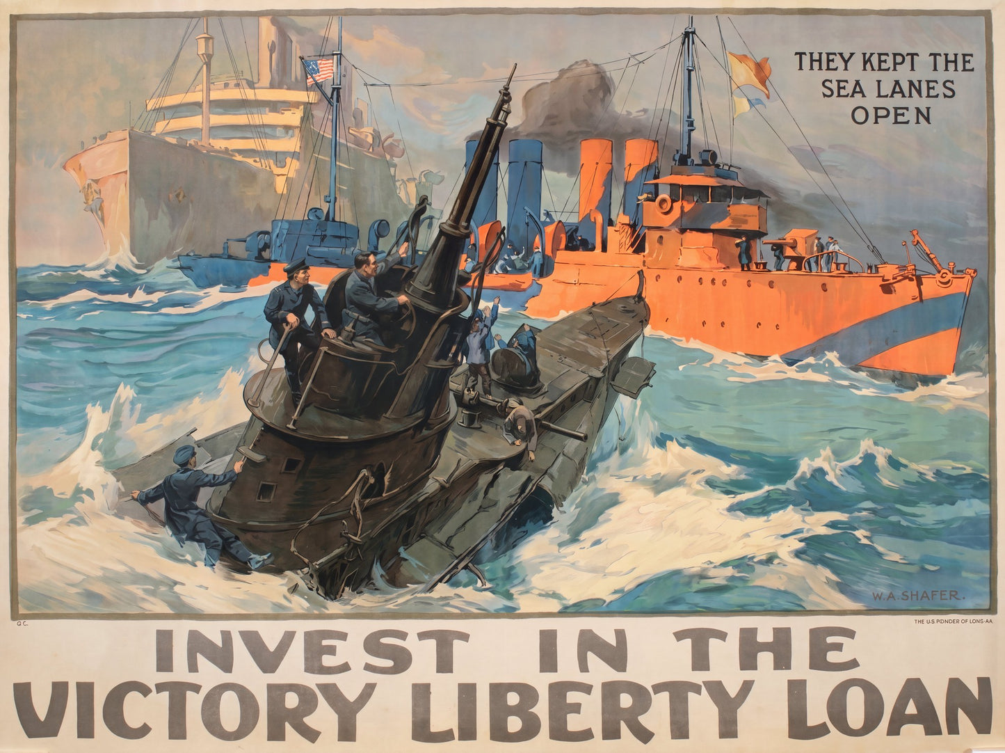 1919 WW1 propaganda poster by L.A. Shafer: German U-boat surrenders to US destroyer, orange and teal palette | The Vintage Poster Archives