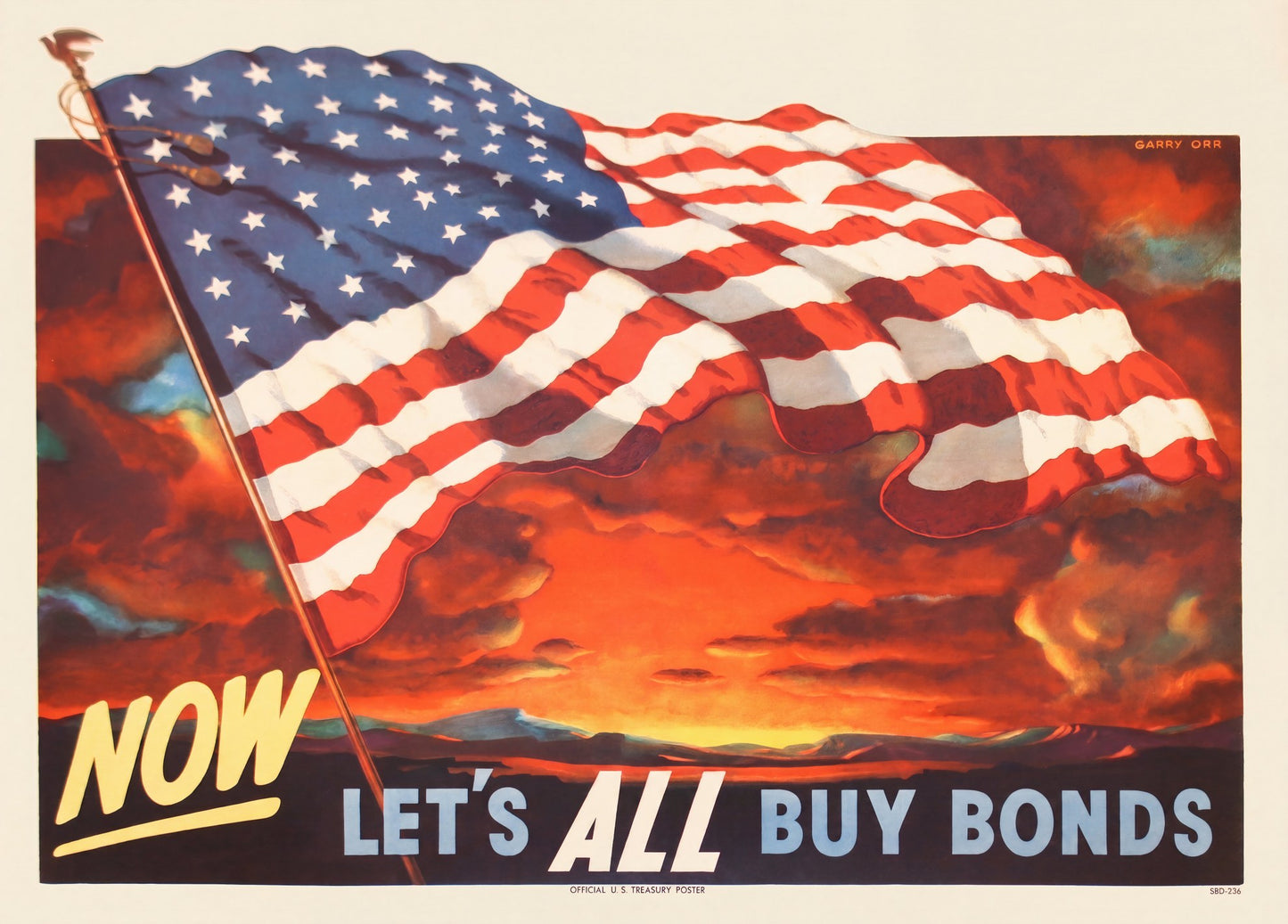 1943 US Treasury WW2 war bonds poster, 48-star flag against red-orange sky, Garry Orr | The Vintage Poster Archives