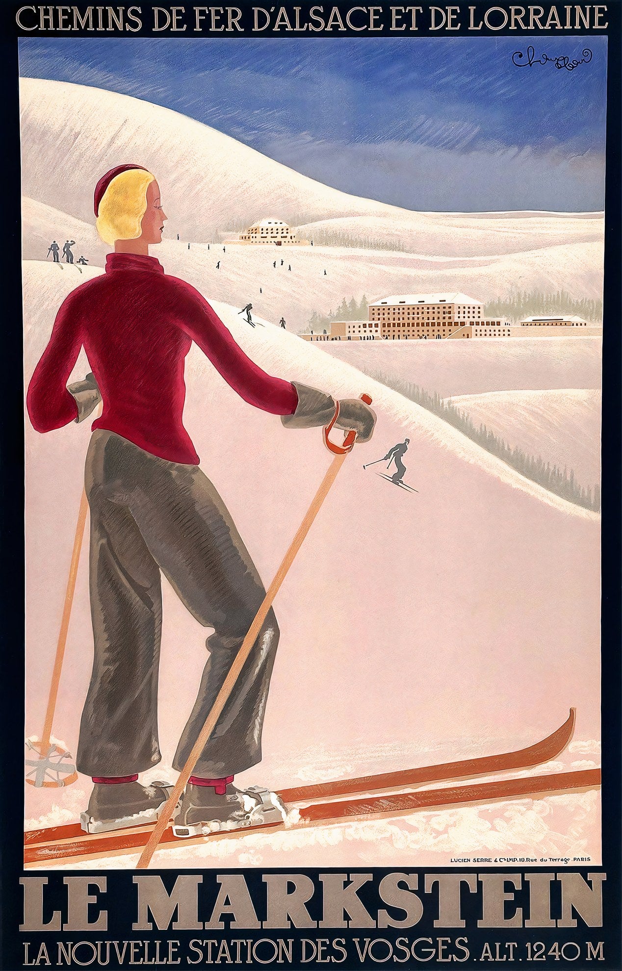 1930s French ski poster: female skier in crimson turtleneck surveys Vosges snowfield, Le Markstein resort visible behind | The Vintage Poster Archives