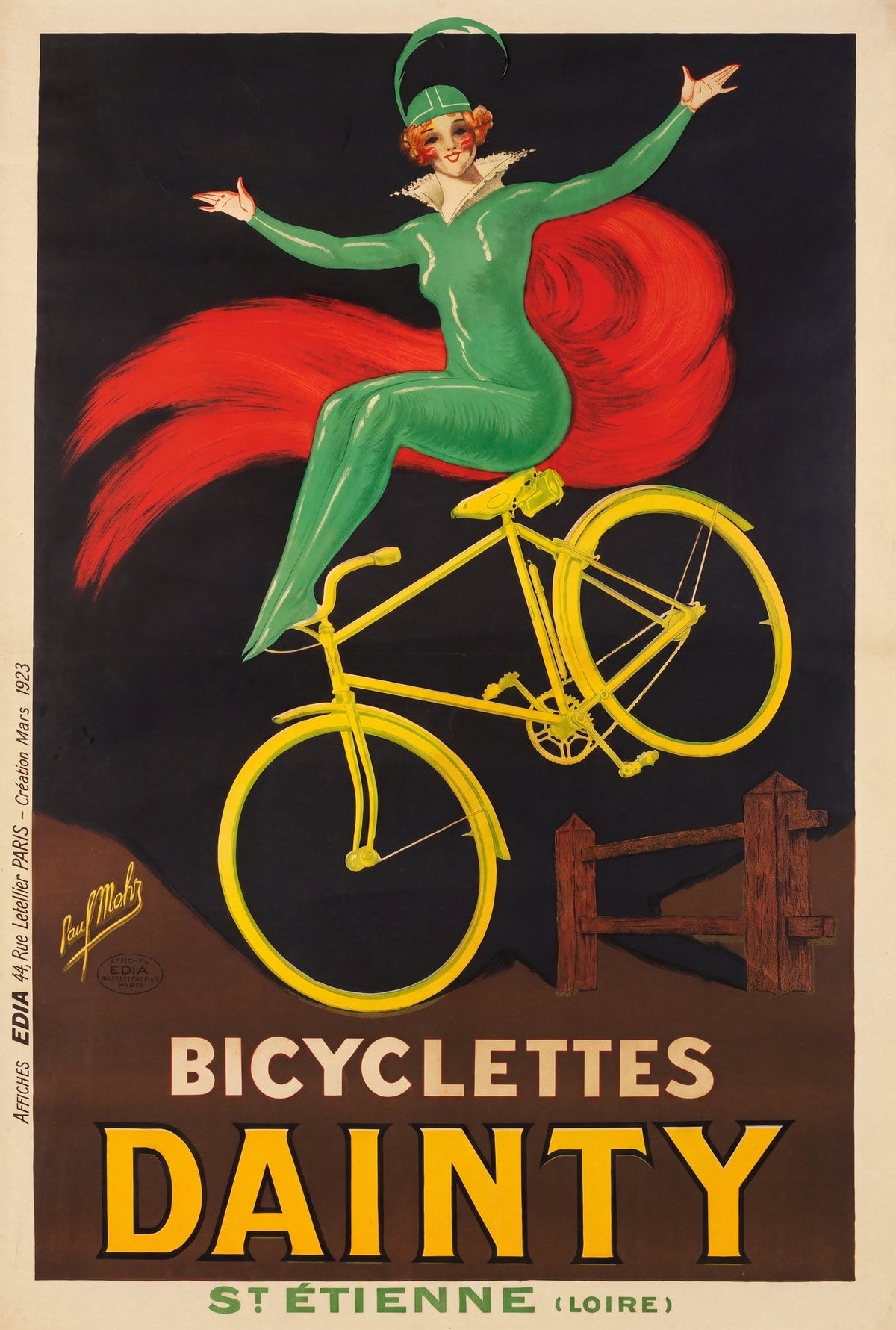 1923 Bicyclettes Dainty French cycling poster showing green jester with bicycle, Paul Mohr