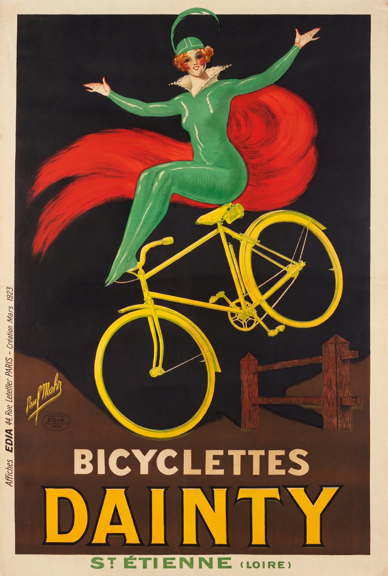 1923 French cycling poster: green harlequin rides yellow bicycle, red sash, black ground. Paul Mohr for Dainty, St. Etienne | Vintage Poster Archives