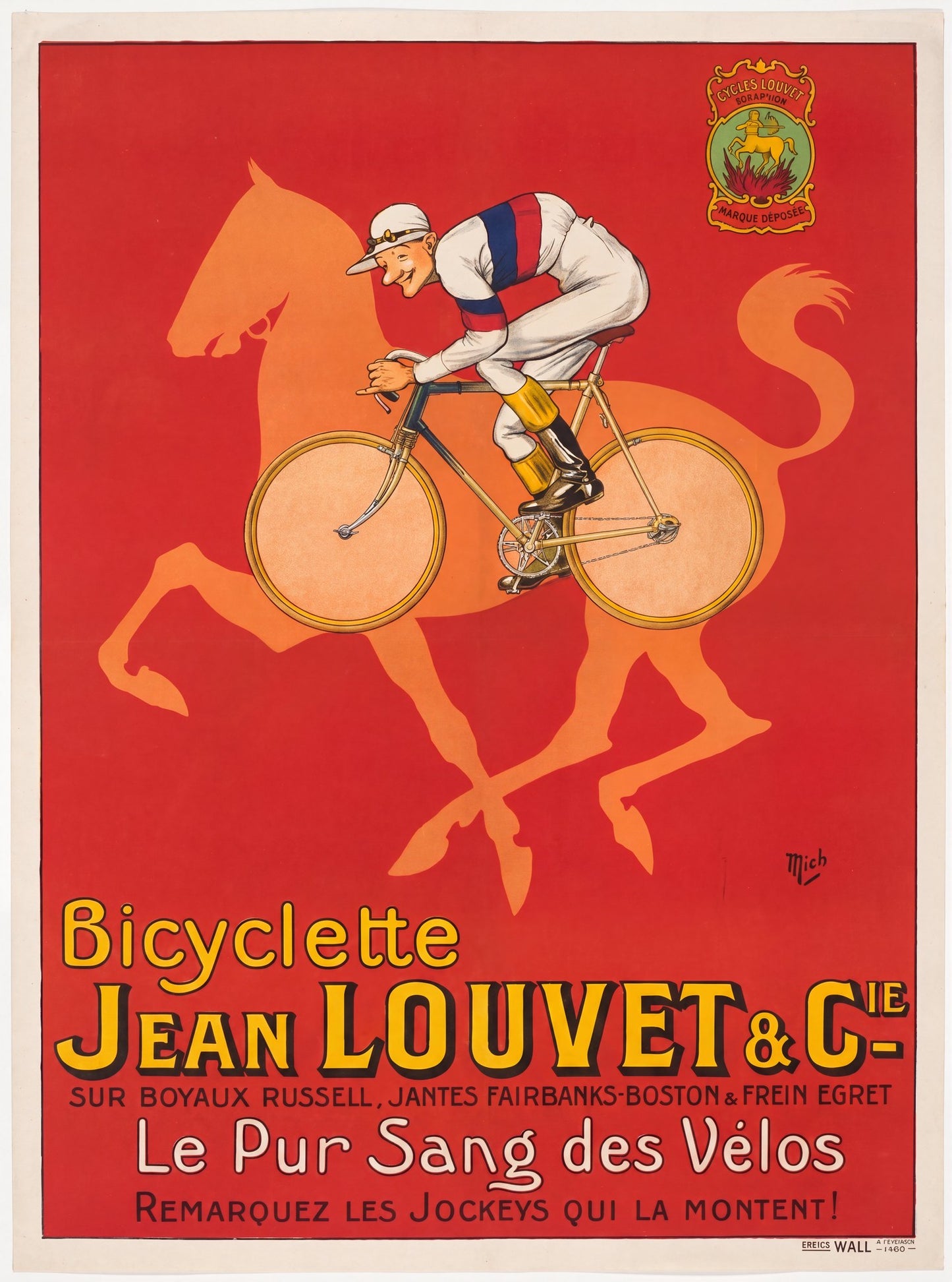1920s French cycling poster showing jockey on bicycle, orange horse silhouette, red field, Michel Liebeaux | The Vintage Poster Archives
