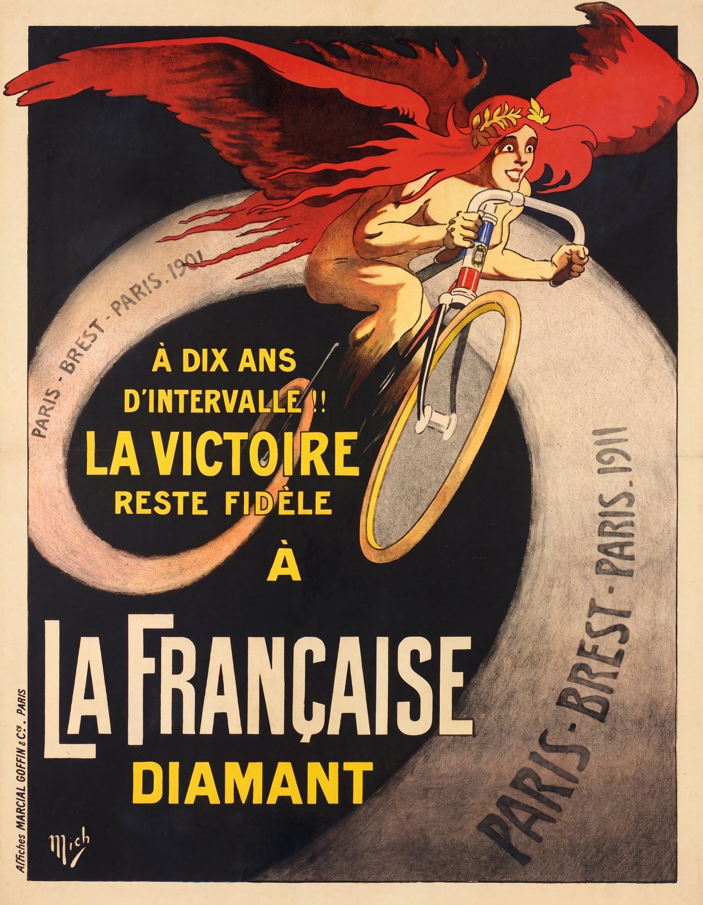 1911 La Francaise Diamant cycling poster, winged Victory riding bicycle, red and black, Mich | The Vintage Poster Archives