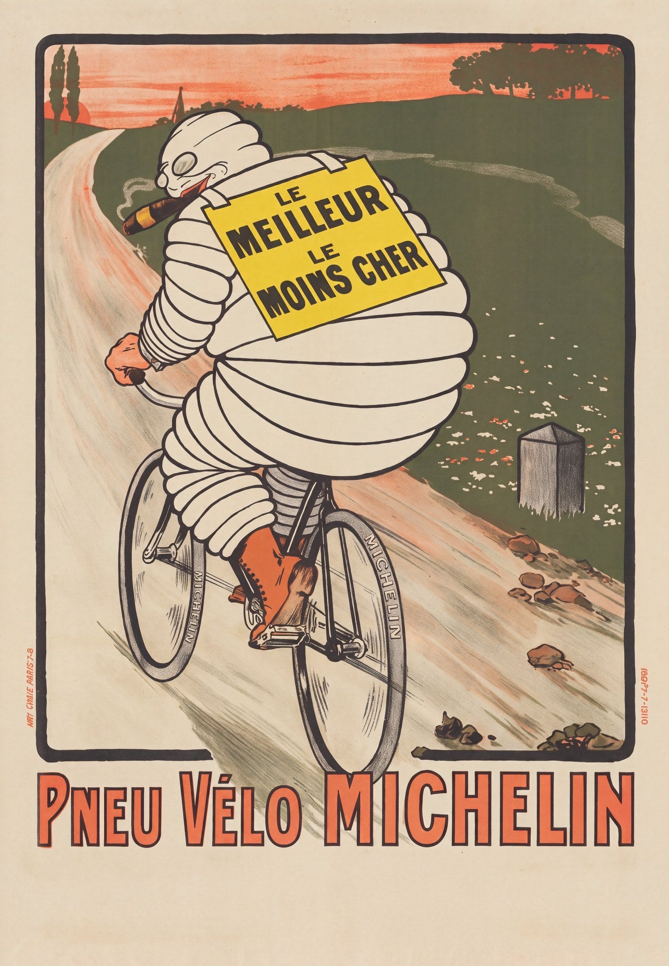 1912 Michelin Bibendum cycling poster, Bibendum on bicycle from behind, yellow sign, O'Galop | The Vintage Poster Archives