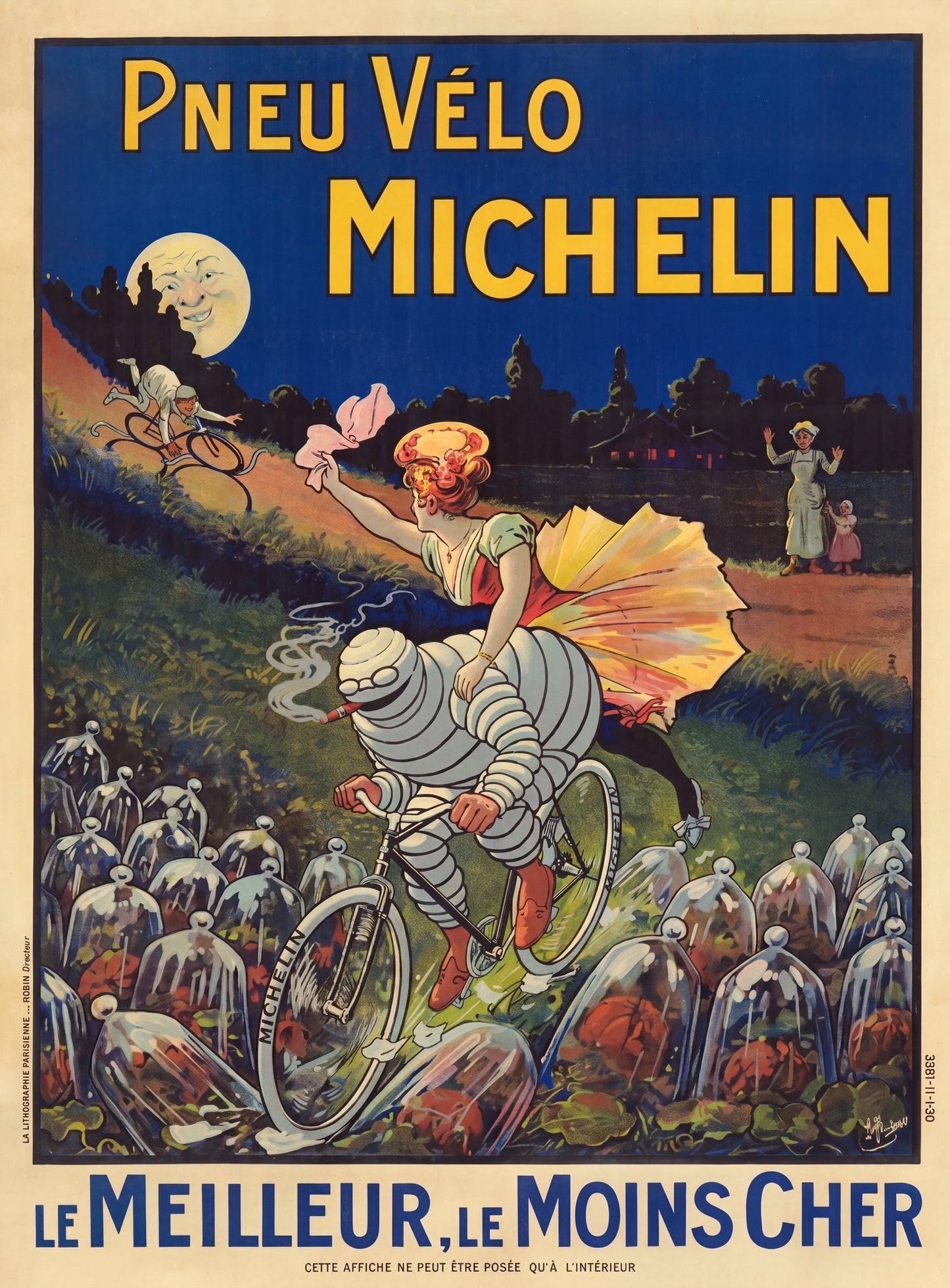 c.1900 Michelin Pneu Velo poster, Bibendum cycling at night past glass cloches, cobalt blue and gold, O'Galop | The Vintage Poster Archives
