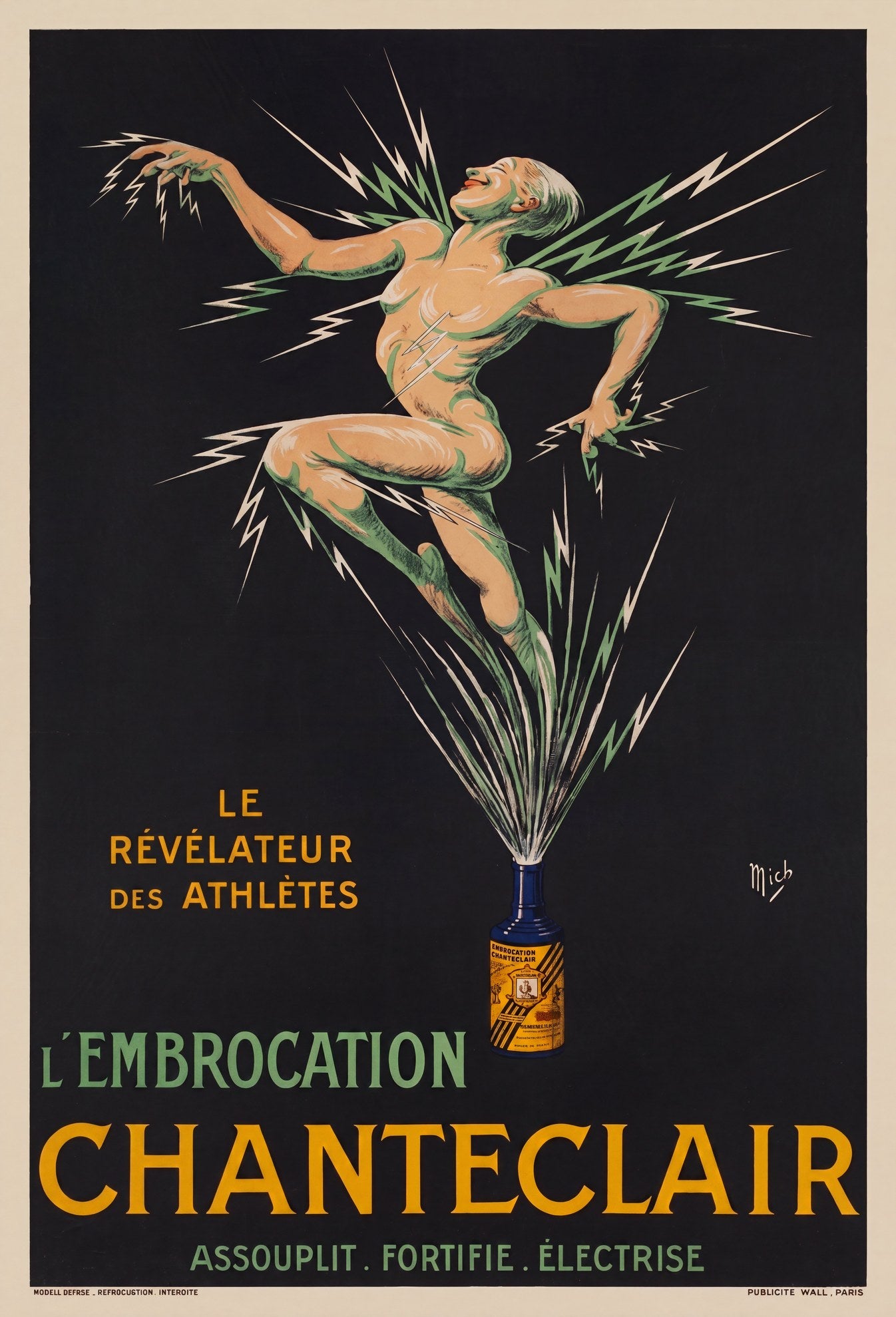1910 French advertising poster: nude male athlete erupts from Chanteclair bottle amid lightning bolts, black ground, Mich | The Vintage Poster Archives