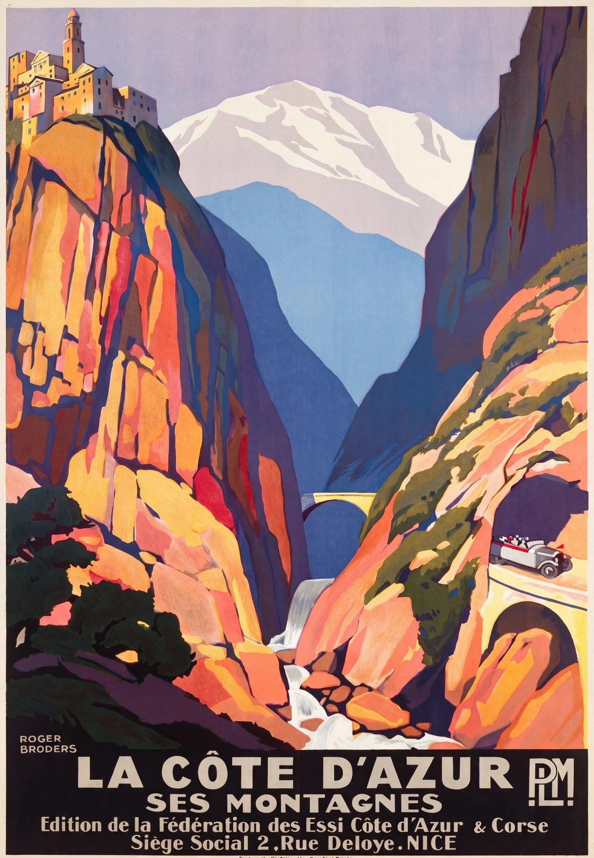 1930s PLM French travel poster showing the Côte d'Azur mountains and gorge scenery, Roger Broders