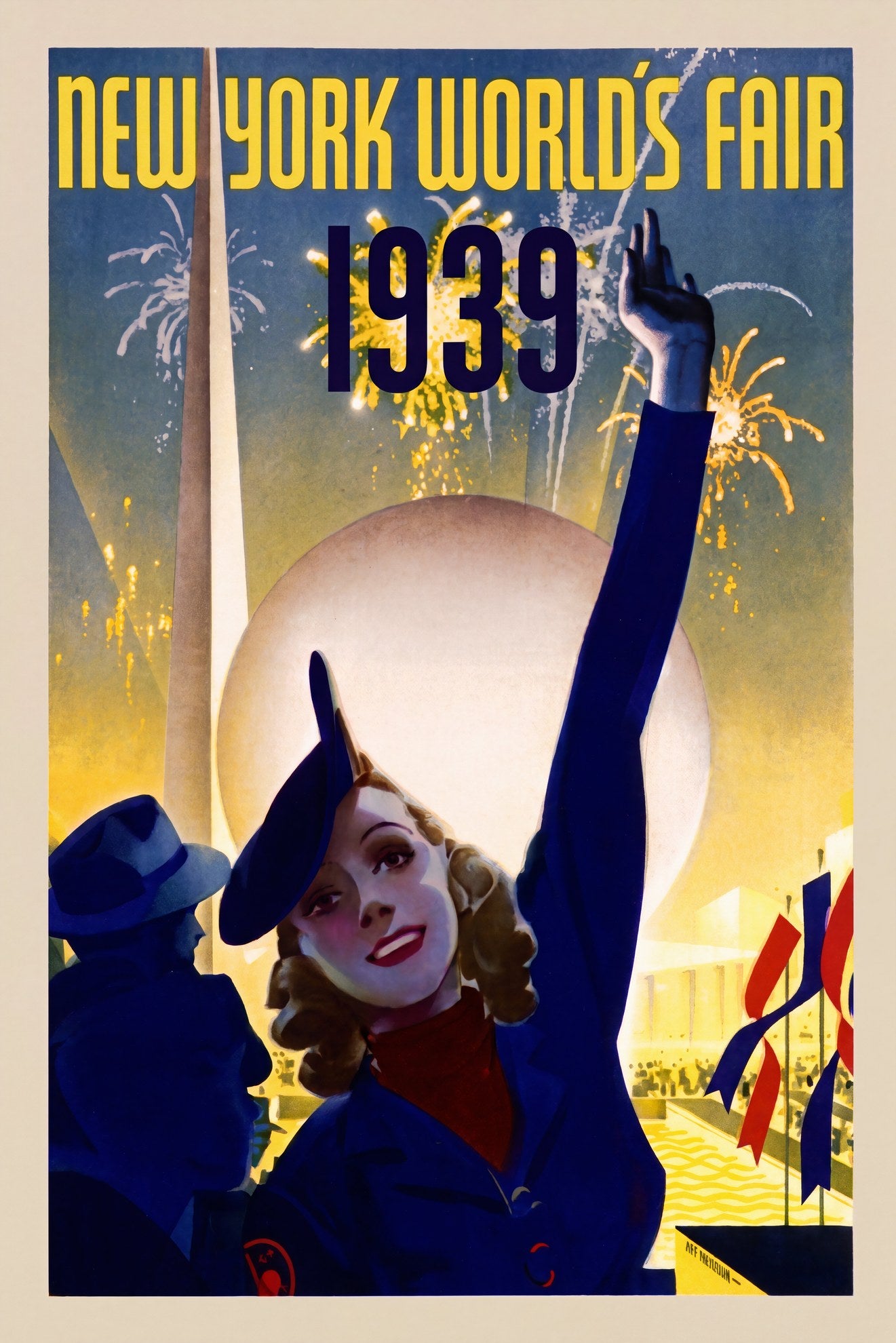 1939 New York World's Fair poster showing official guide in cobalt-blue uniform, Trylon and Perisphere, fireworks, Albert Staehle | The Vintage Poster Archives