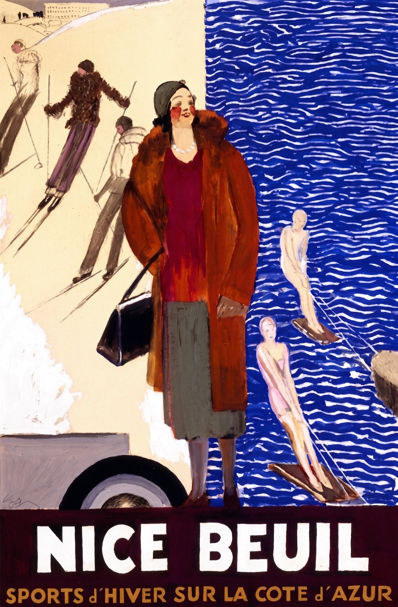 1920s French Riviera travel poster: woman in fur coat between ski slope and Mediterranean sea, Nice Beuil, Domergue | The Vintage Poster Archives