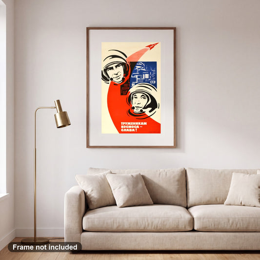 Soviet Soyuz 12 Cosmonauts 1973 | Sachkov Propaganda Poster, shown framed on a wall. Frame not included.