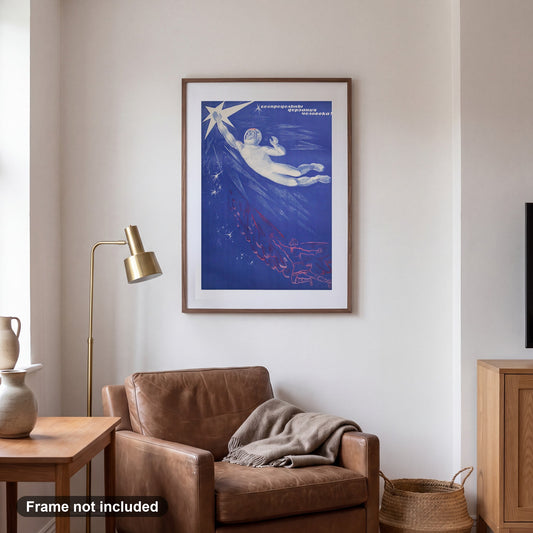 Soviet Space Propaganda 1960s | Cosmonaut Reaches the Stars, shown framed on a wall. Frame not included.