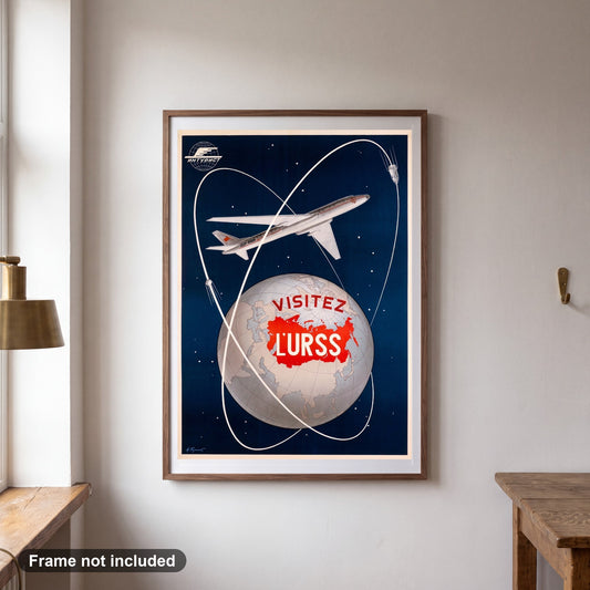 Soviet Space Travel 1958 | Visitez L'URSS Intourist Poster, shown framed on a wall. Frame not included.