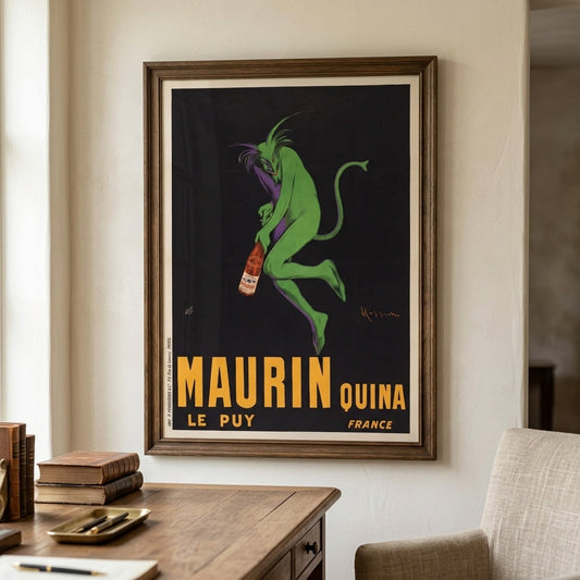 Cappiello Maurin Quina 1906 archival print, framed and displayed in a wood-panelled study