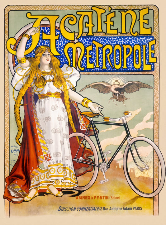 1898 French Art Nouveau cycling poster: Velleda in golden robes beside chainless bicycle, eagle overhead, Lucien Baylac | The Vintage Poster Archives